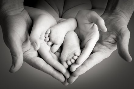 adult hands (parents) protecting baby feet