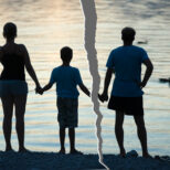 silhouette of separated couple with child